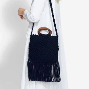 Danielle Nichole Crochet Macrame Black Boho Bag Fringe Wood Handle Boho Festival